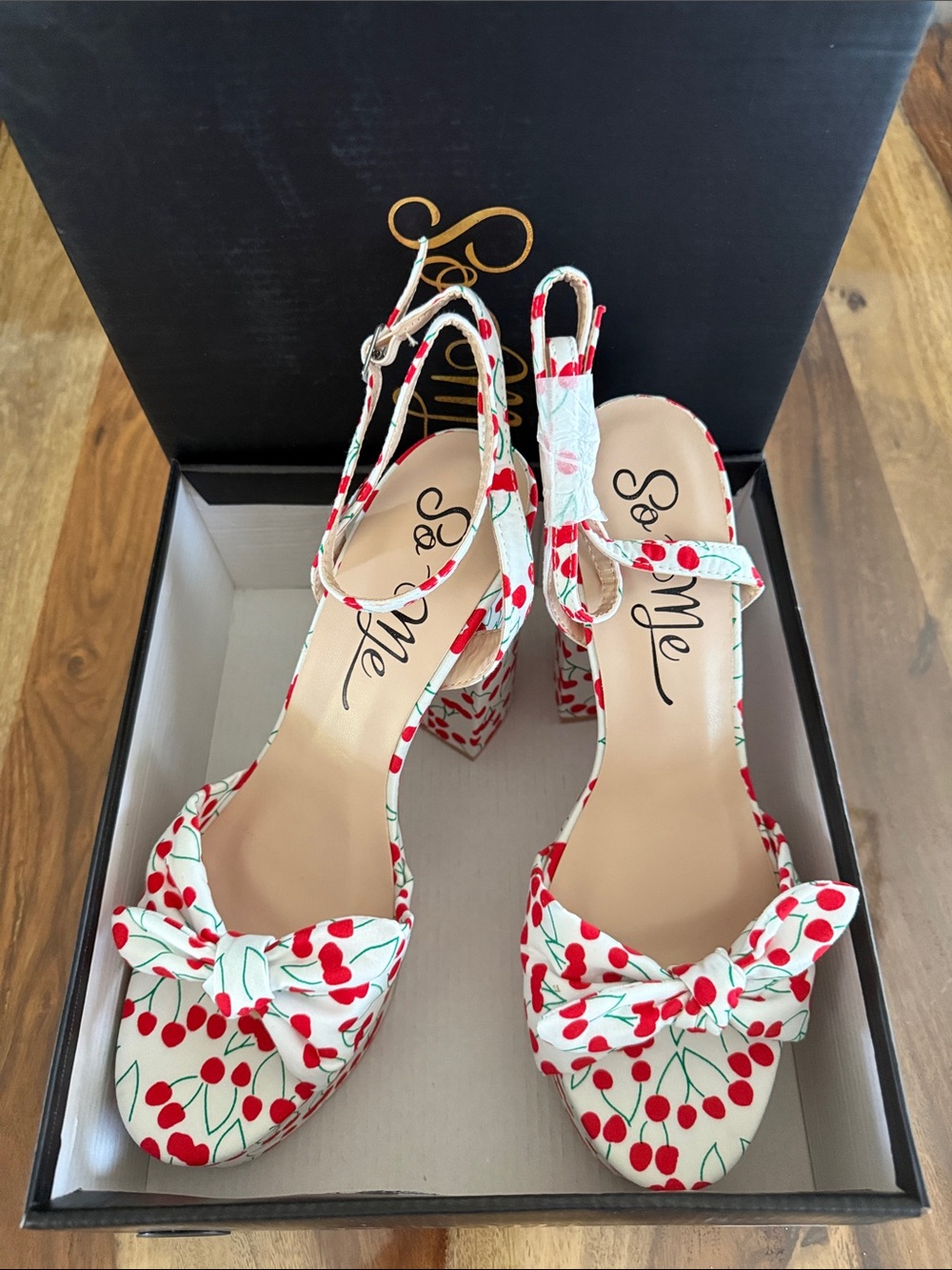 So Me Cherry Print Bow Slingback Heels - White/Red